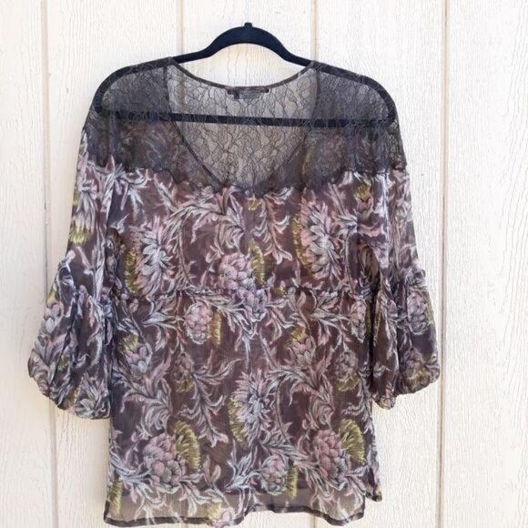 BCBGMaxAzria Top Sheer Silk Botanical Peasant Balloon Sleeve Brown Pink Sz S - Picture 12 of 13